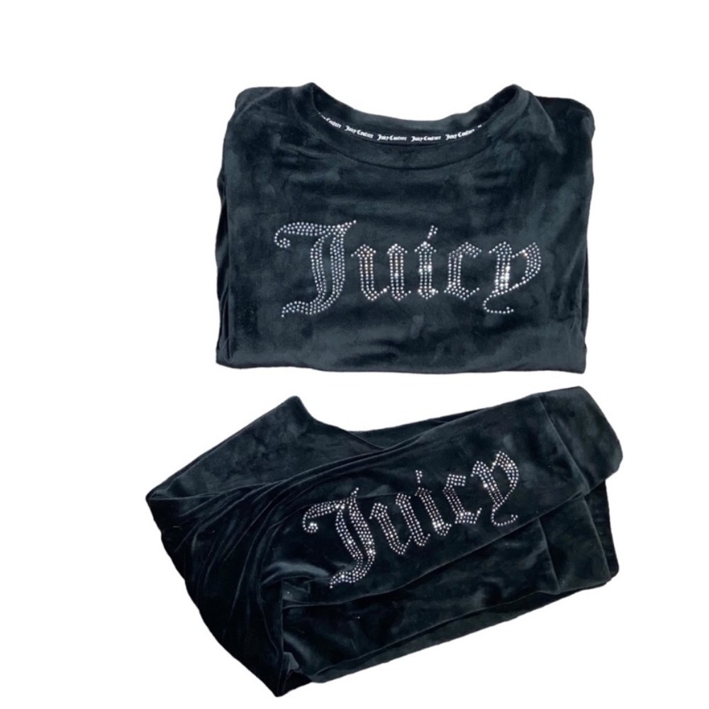 Juicy Couture Black Velour Lounge Set M Y2K Rhinestone Logo Tracksuit Cozy Glam - Picture 3 of 9